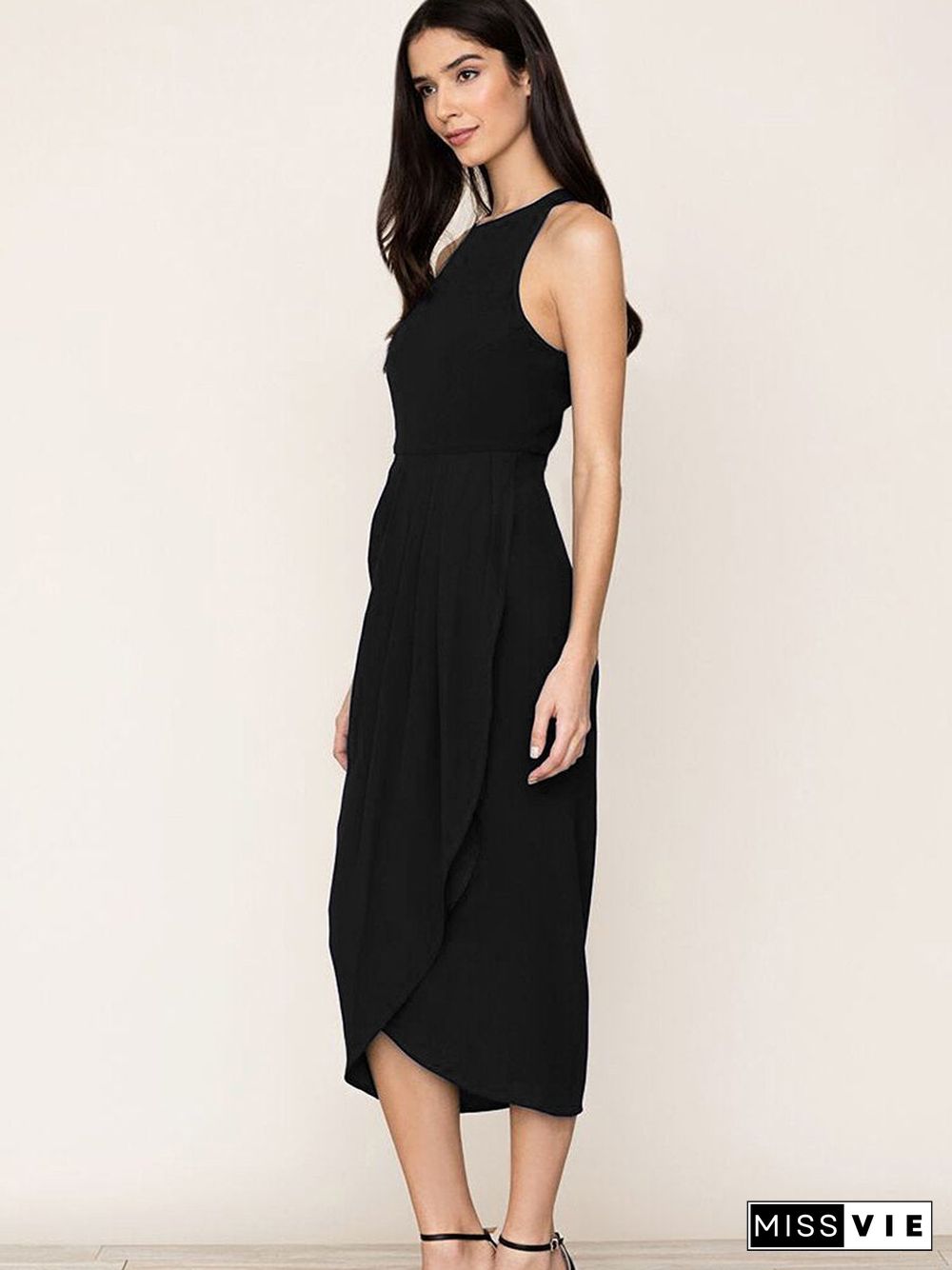 Black So Social Round Neck Sleeveless Irregular Hem Midi Dress