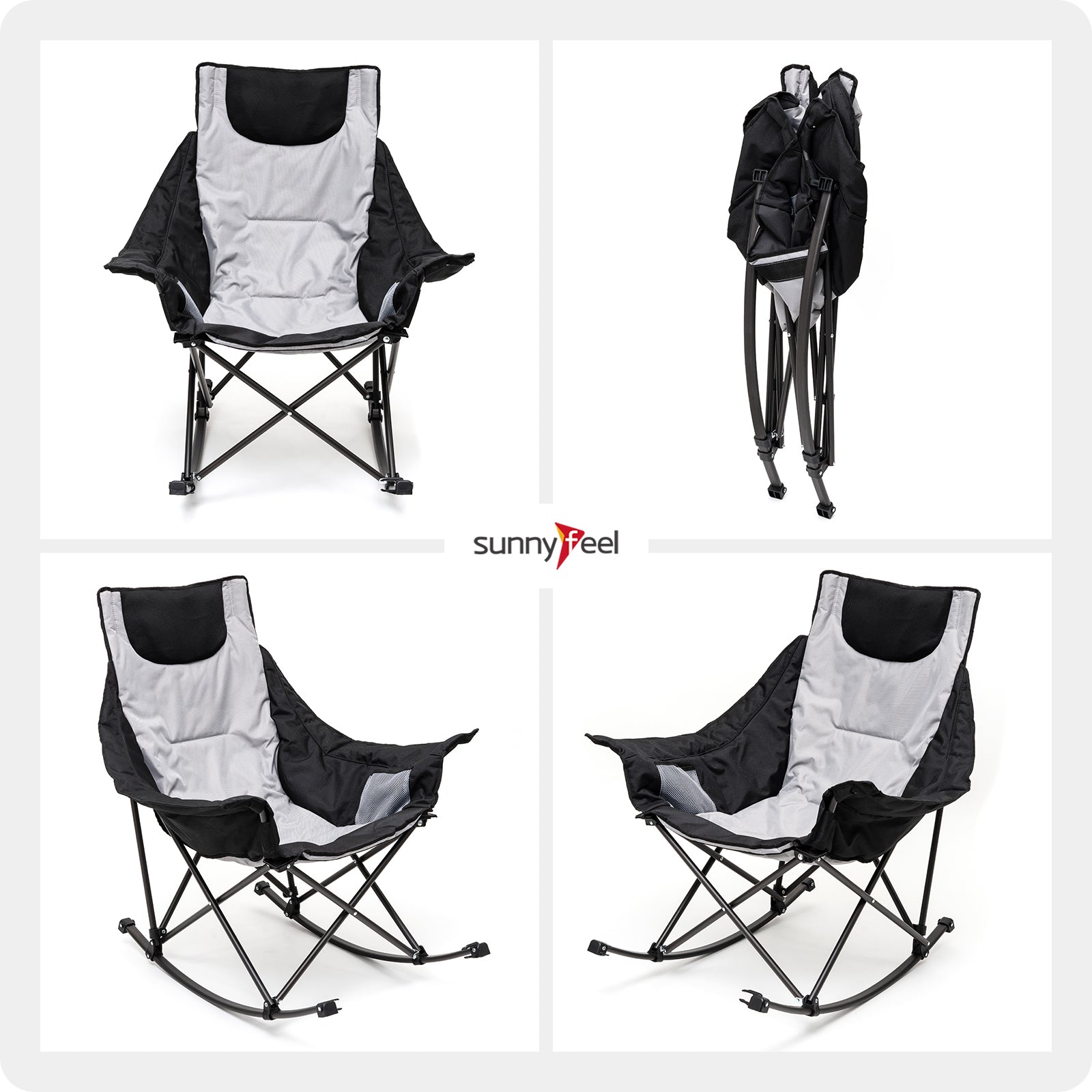 Sunnyfeel Camping Rocking Chair for Adults, Luxury Padded Recliner, Oversized Folding Rocker Lawn Chair (Gray)