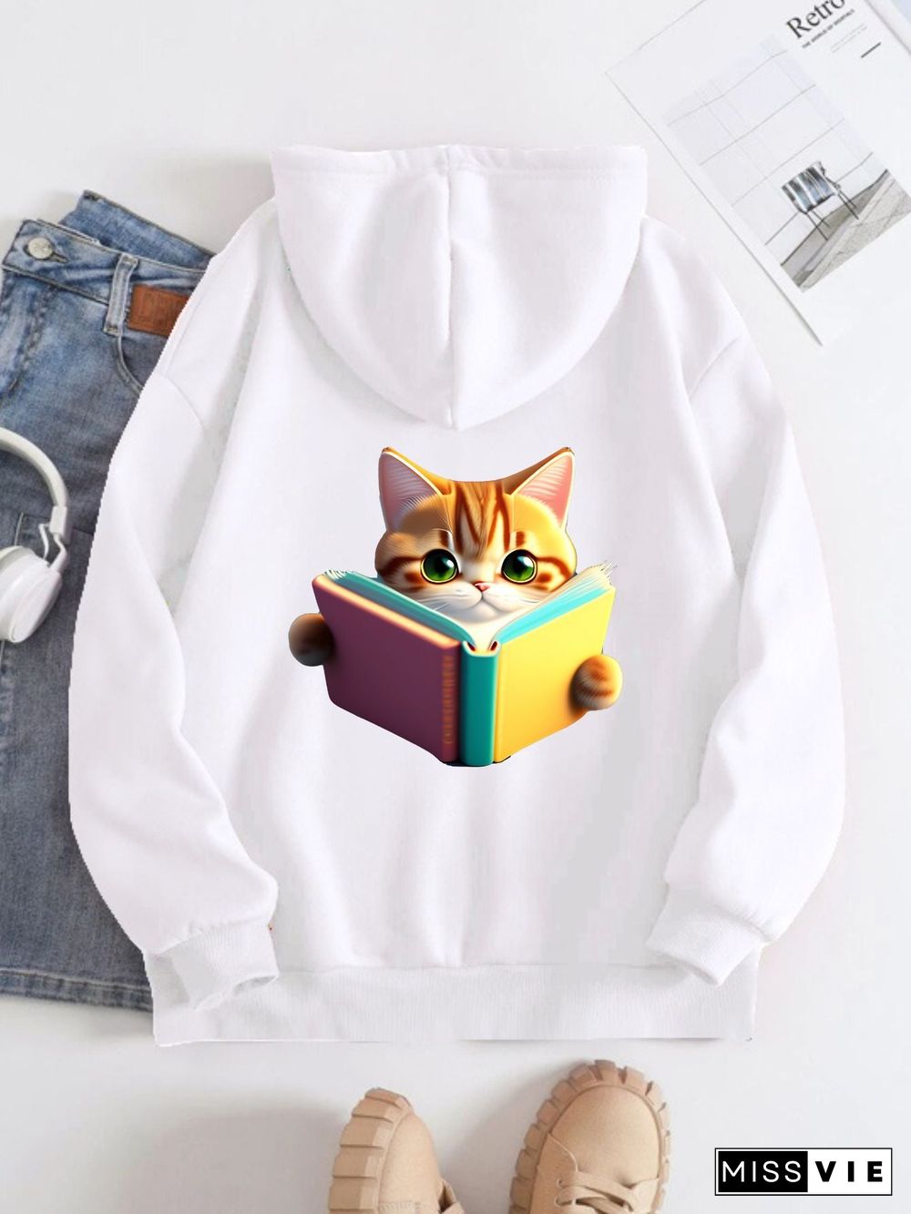 Printed on the Back Kangaroo Pocket Hoodie Long Sleeve for Women Pattern  Cat Reading a Book