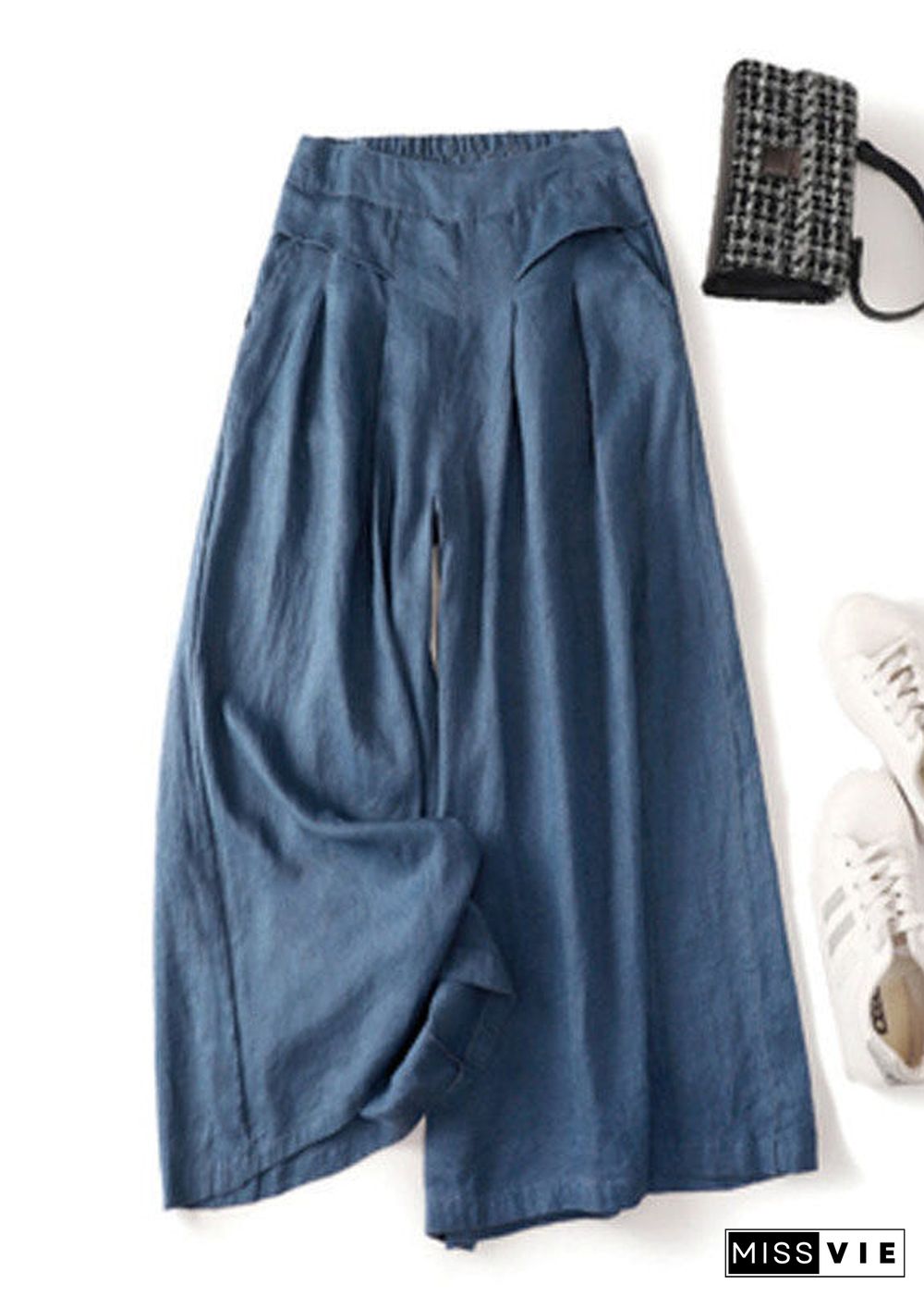 Denim Blue Linen Wide Leg Pants Pockets High Waist Summer