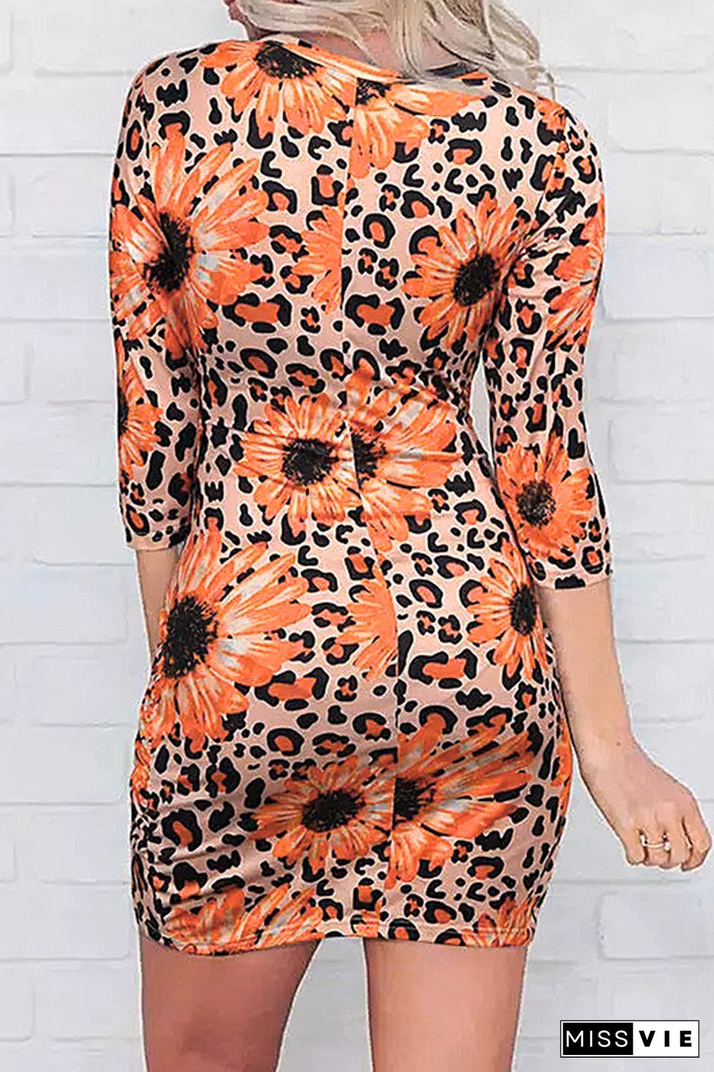 Leopard Sunflower Print Cut-out Waist Bodycon Mini Dress Wholesale