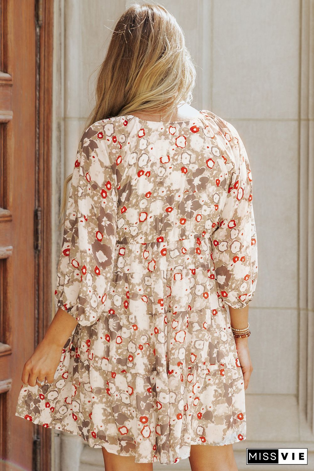 Apricot 3/4 Sleeves V Neck Print Tiered Flowy Short Dress