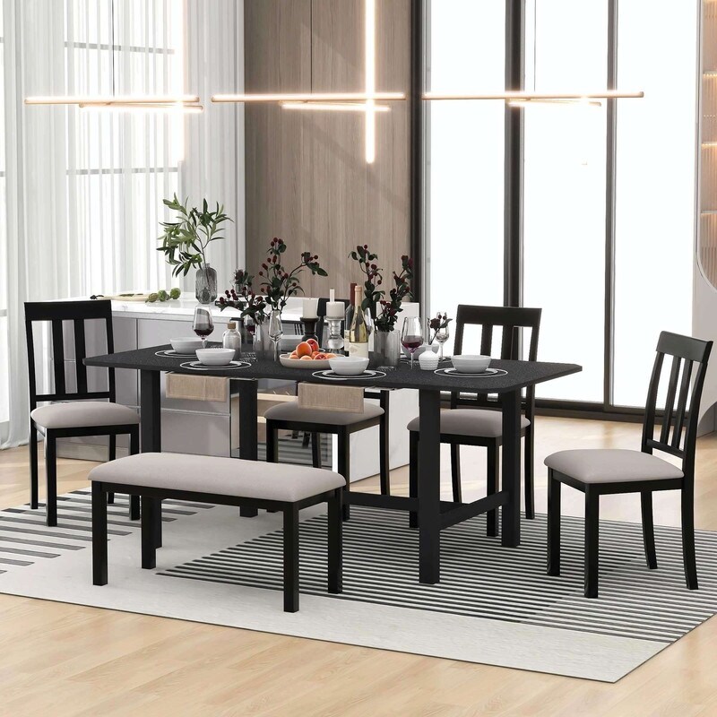 6 piece Dining Table Set  Adjustable Table Length with Hidden Flip Leaves