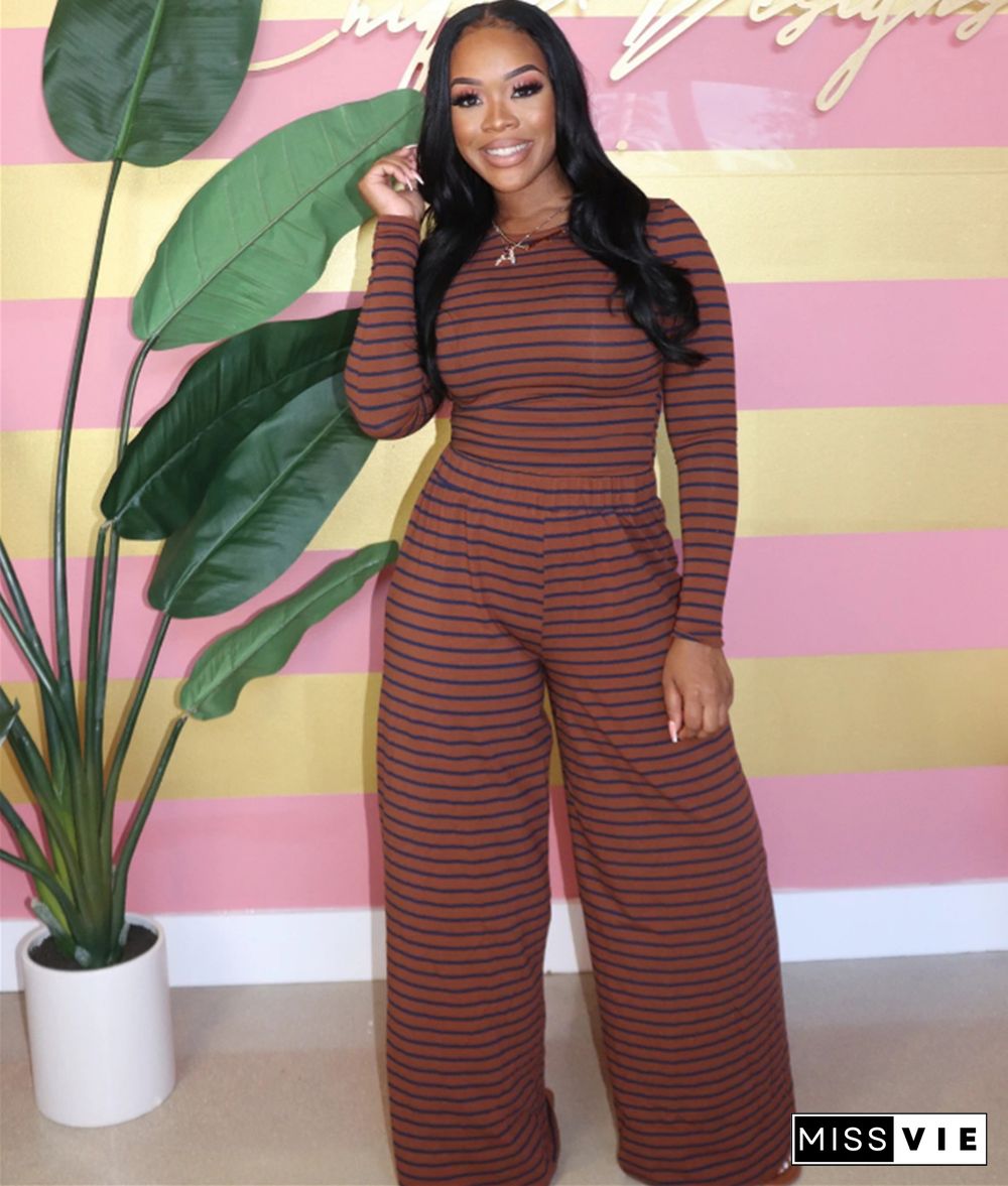 Striped Long Sleeve T Shirts Wide Leg Pants Outfits