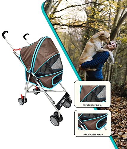 Pet Stroller | Dog Stroller and Cat Stroller Polyester， Heavy Duty and Folding Pet Stroller For Travel | Mesh Viewing Window | Water-Proof And Stain-Proof | With Backside Storage | Brown