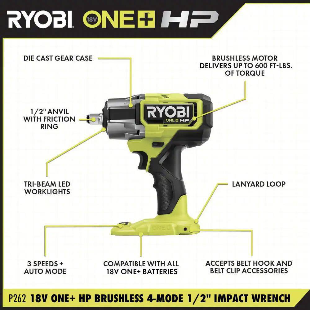 RYOBI ONE+ HP 18V Brushless Cordless 4-Mode 12 in. Impact Wrench (Tool Only) P262