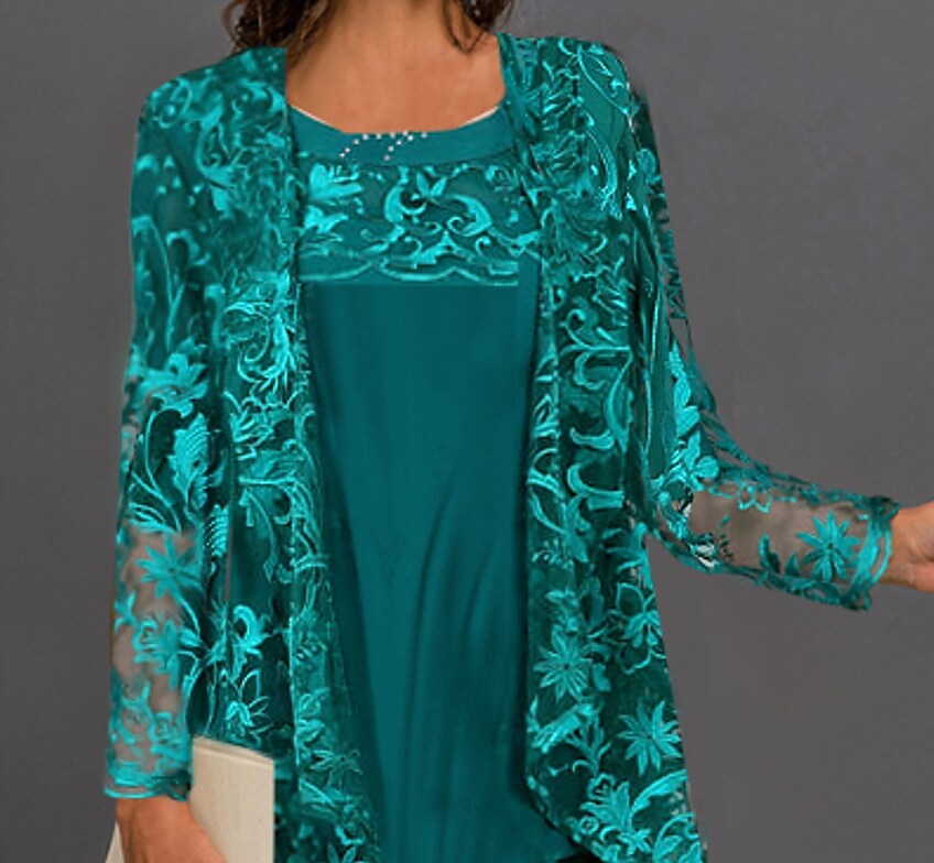 Women's Lace Dress Dress Set Midi Dress Dark Green Long Sleeve Embroidery Embroidered Layered Ruched Fall Winter Crew Neck Modern Mature 2022 S M L XL XXL 3XL