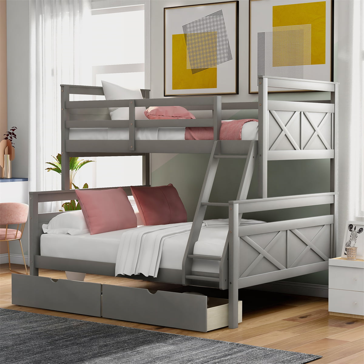 Twin Over Full Bunk Bed with Two Storage Drawers, Pine Wood Bed Frame and Guardrails and Ladder for Kids and Teens Trundle, Grey