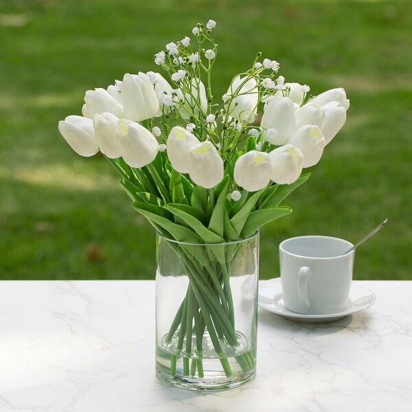 Enova Home 18 Mixed Artificial Real Touch Tulip Flower Arrangement in Clear Glass Vase with Faux Water for Home Decoration