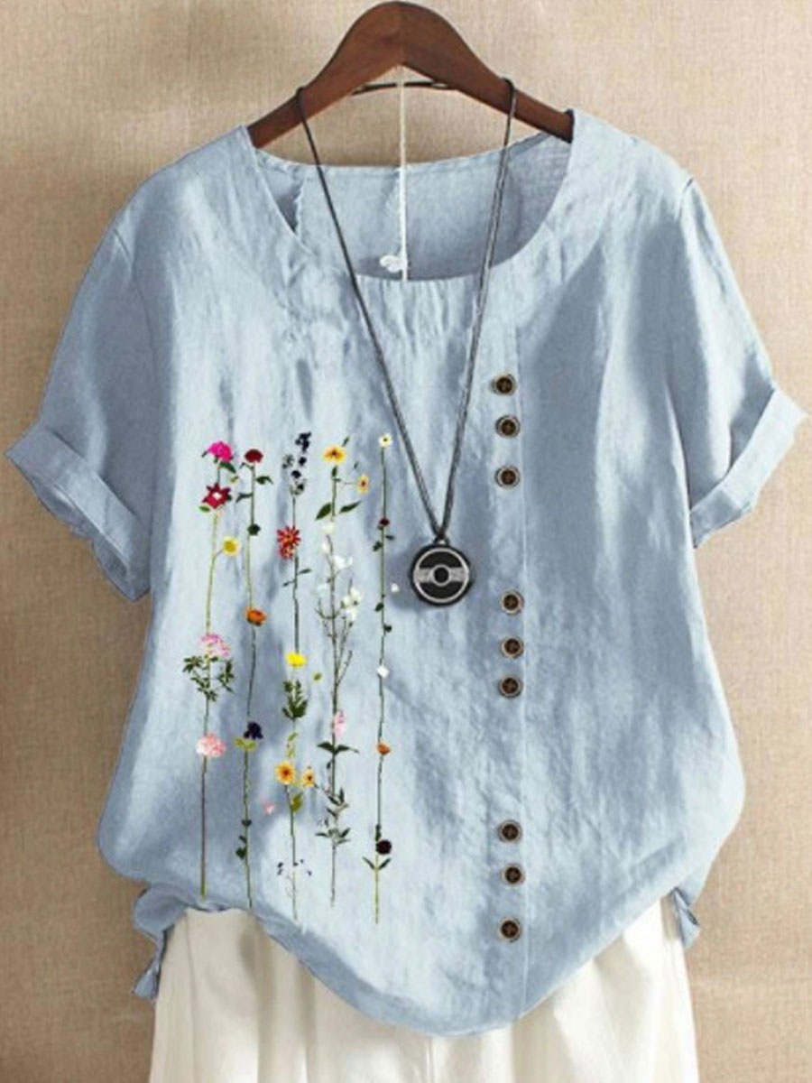 Retro Cotton And Linen Printed Short-Sleeved Blouse