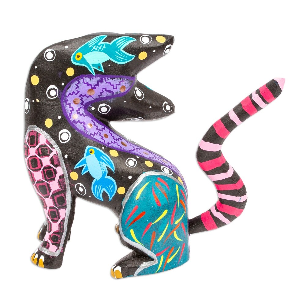 Novica Handmade Nocturnal Feline Questions Wood Alebrije Figurine