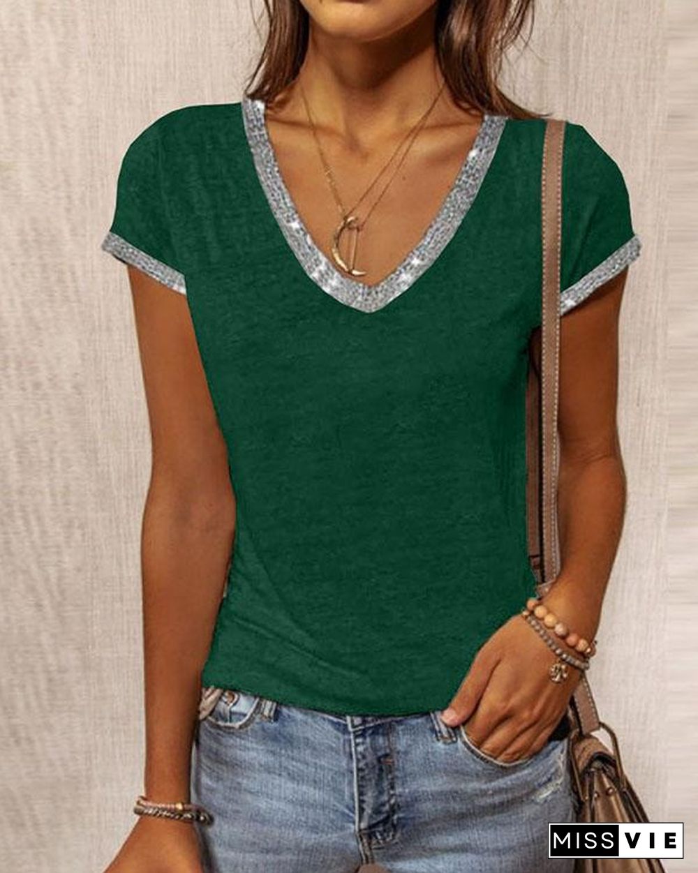 Fashion Contrast V Neck Slim Shirt&Top