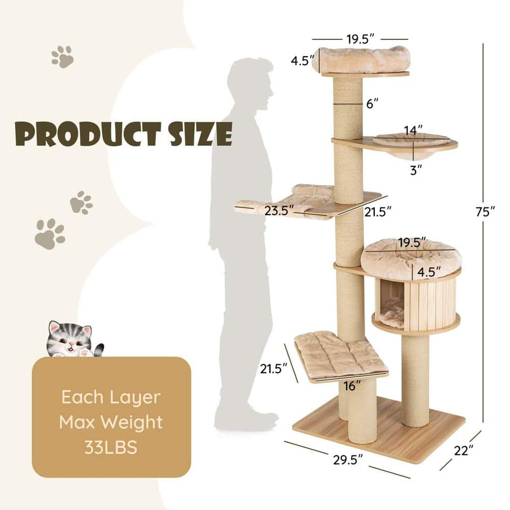 ANGELES HOME Wood Modern Tall Cat Tree Tower with Scratch Posts and Washable Mats 108CKPV27BE