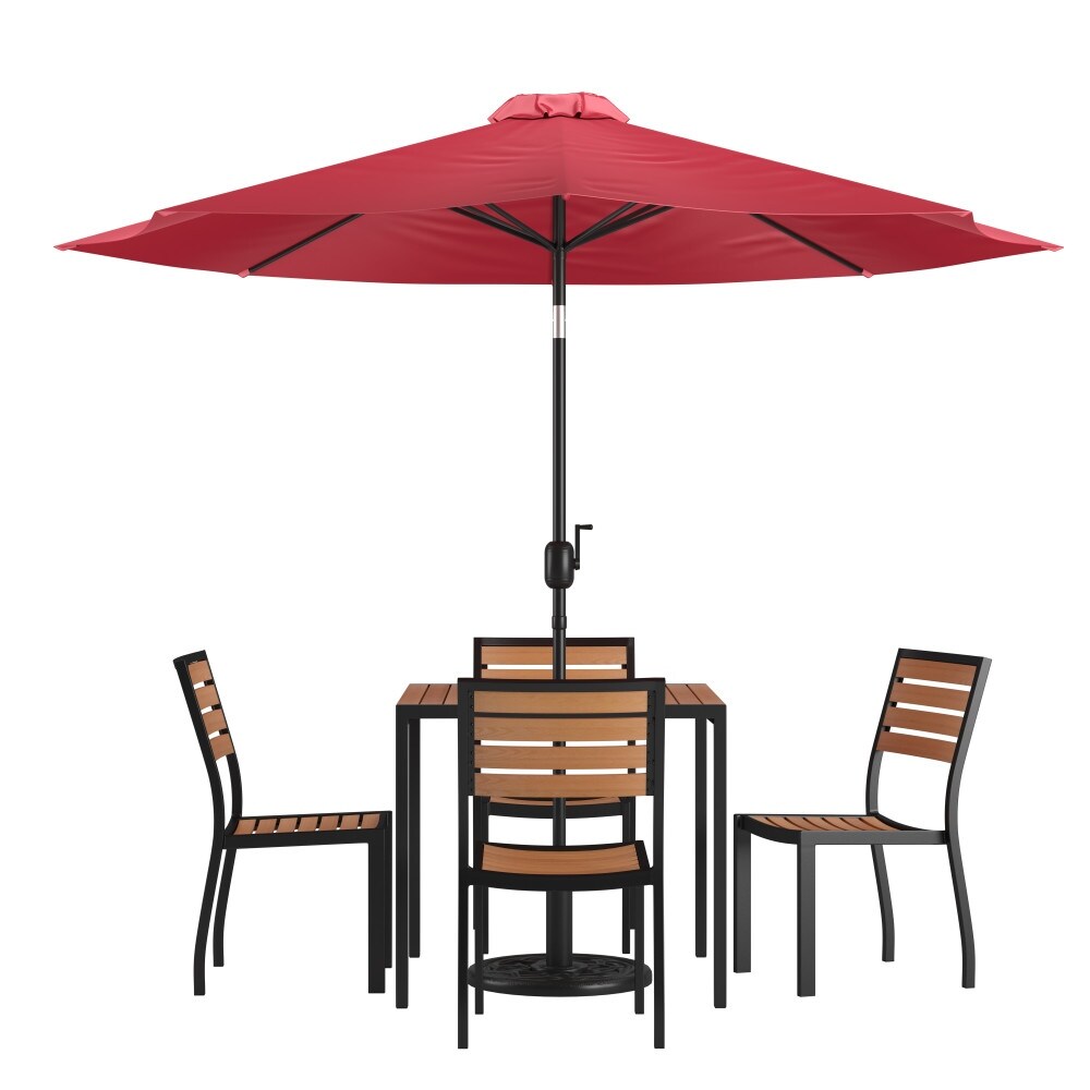 Faux Teak Patio Table  4 Chairs   9FT Patio Umbrella with Base