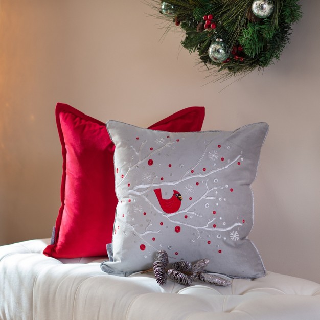 Velvet Christmas Cardinal Square Throw Pillow Gray Pillow Perfect