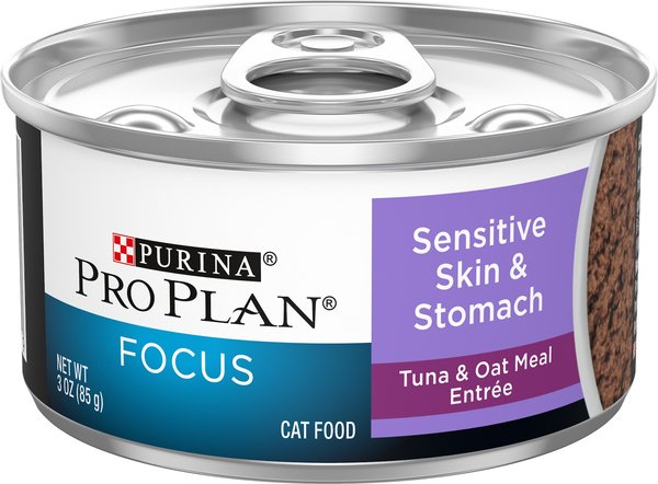 Purina Pro Plan Focus Sensitive Skin and Stomach Tuna and Oat Meal Entree Canned Cat Food， 3-oz can， case of 24