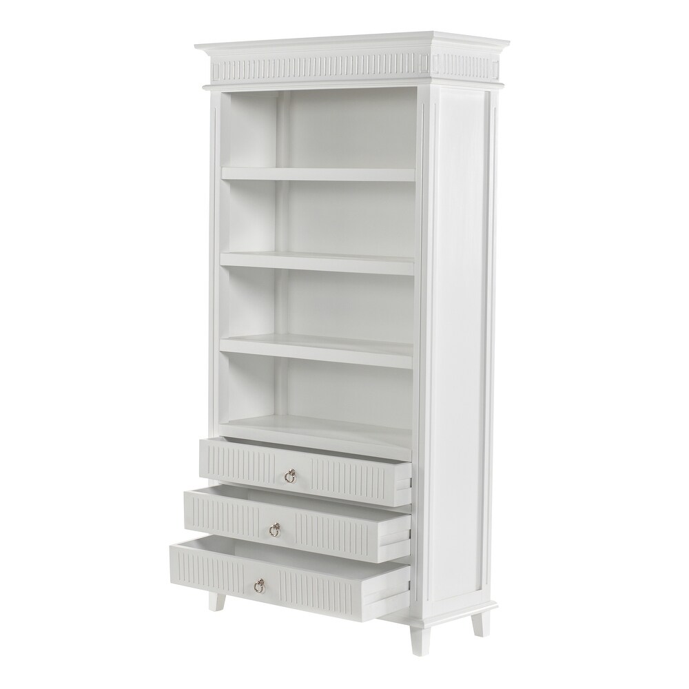 NovaSolo Skansen Nordic Design Classic White Bookcase with 3 Drawers  Solid Mahogany Frame  39.37 x 15.75 x 74.8   7'9\