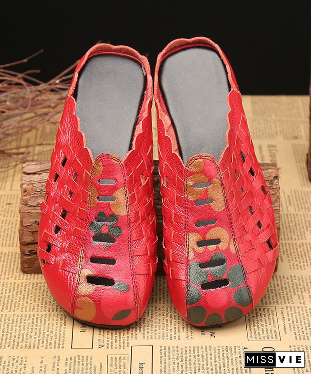 Boho Hollow Out Splicing Red Cowhide Leather Slide Sandals