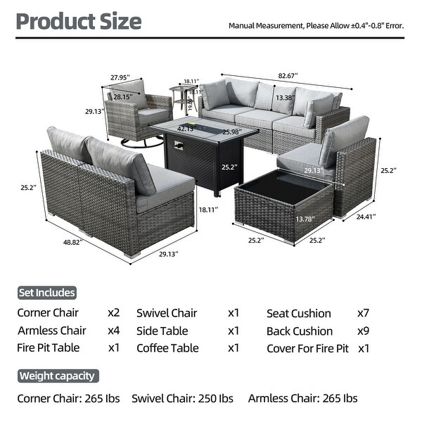 HOOOWOOO 10piece Patio Wicker Furniture Sectional Sofa Set Swivel Rocker with Fire Pit Table