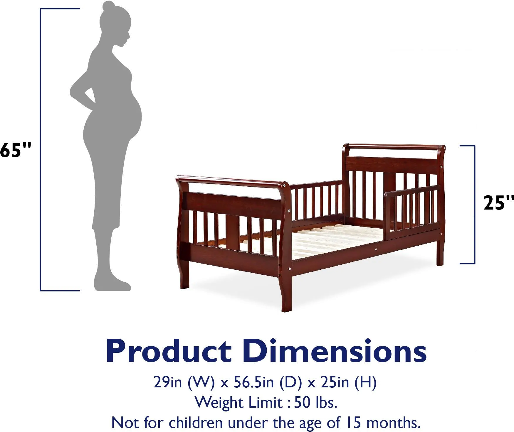 Sleigh Cherry Wood Toddler Bed with Safety Guardrails