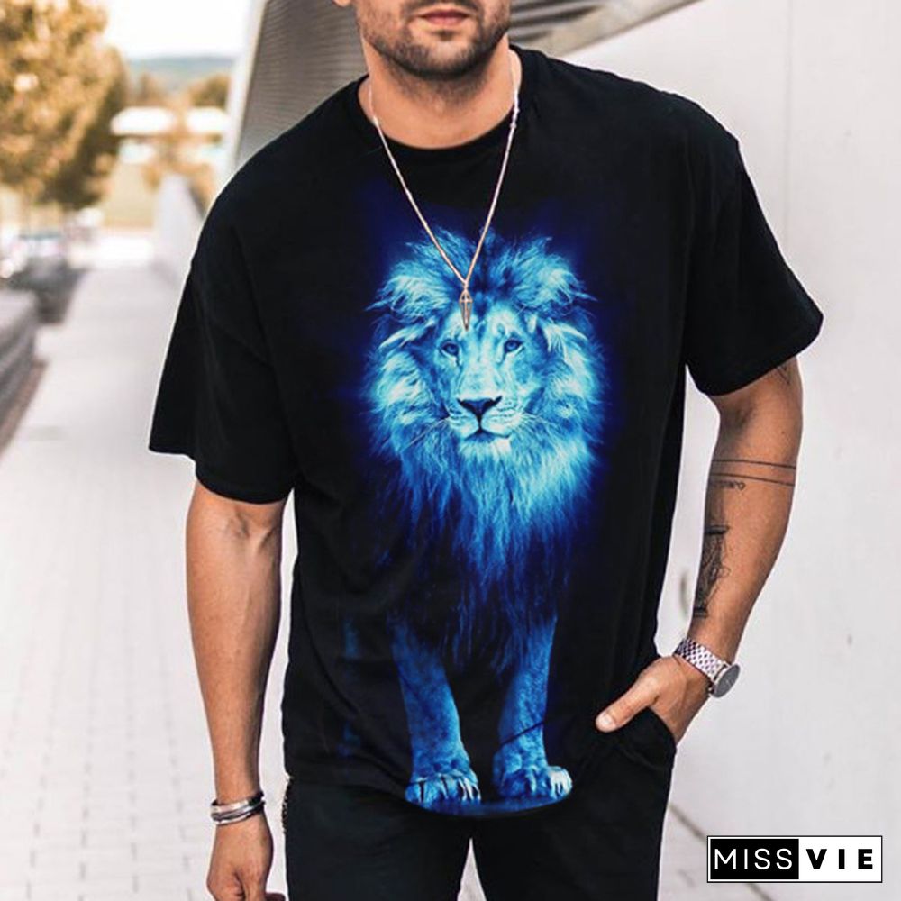 Blue Fluorescent Lion Print Short Sleeve Round Neck T-Shirt