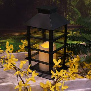 LUMABASE Horizontal Black Solar Powered Lantern with LED Candle 62301