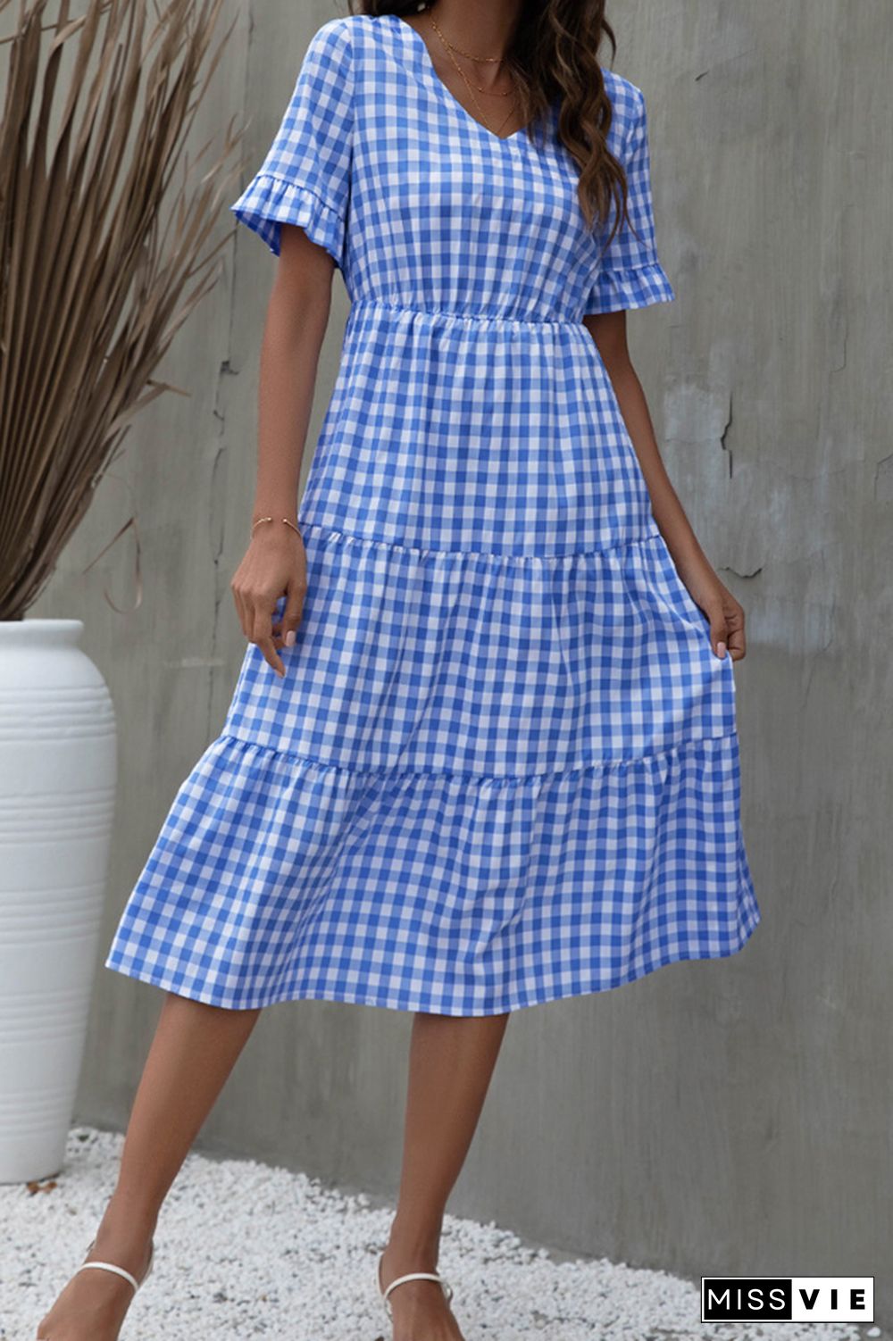 Plaid Print Short Sleeve Midi Dress Wholesale