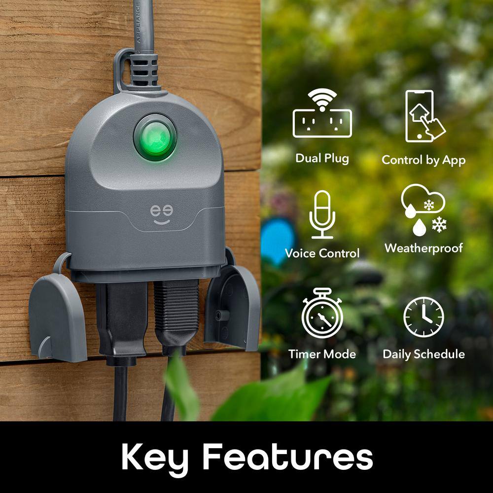 Geeni 15 Amp 125-Volt Dual Outlet Outdoor Smart Wi-Fi Plug with iOS and Android App Voice Control No Hub Required Grey GN-OW102-103