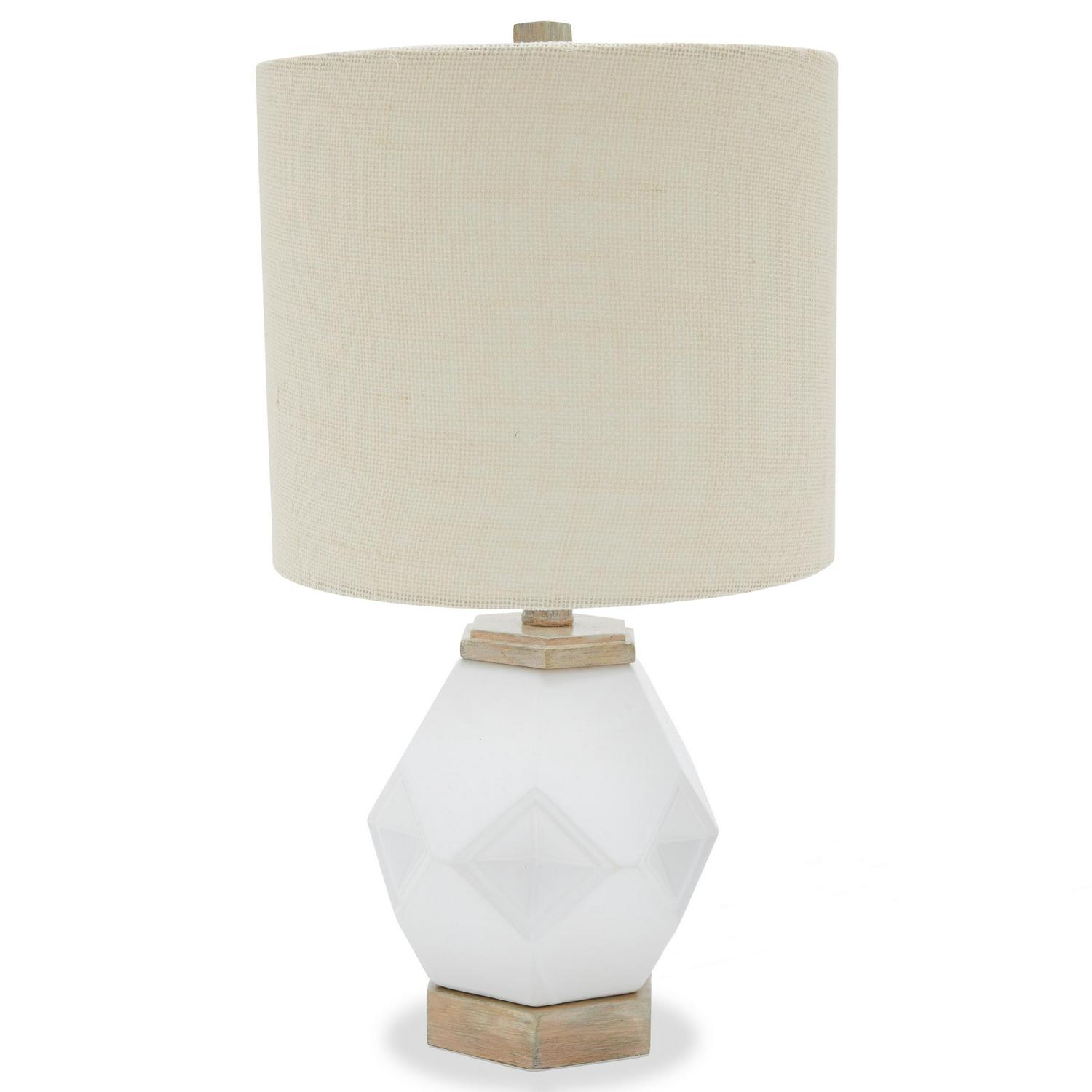 Iuka Farmhouse Ceramic Accent Lamp  White Glass Finish  Tan Burlap Shade