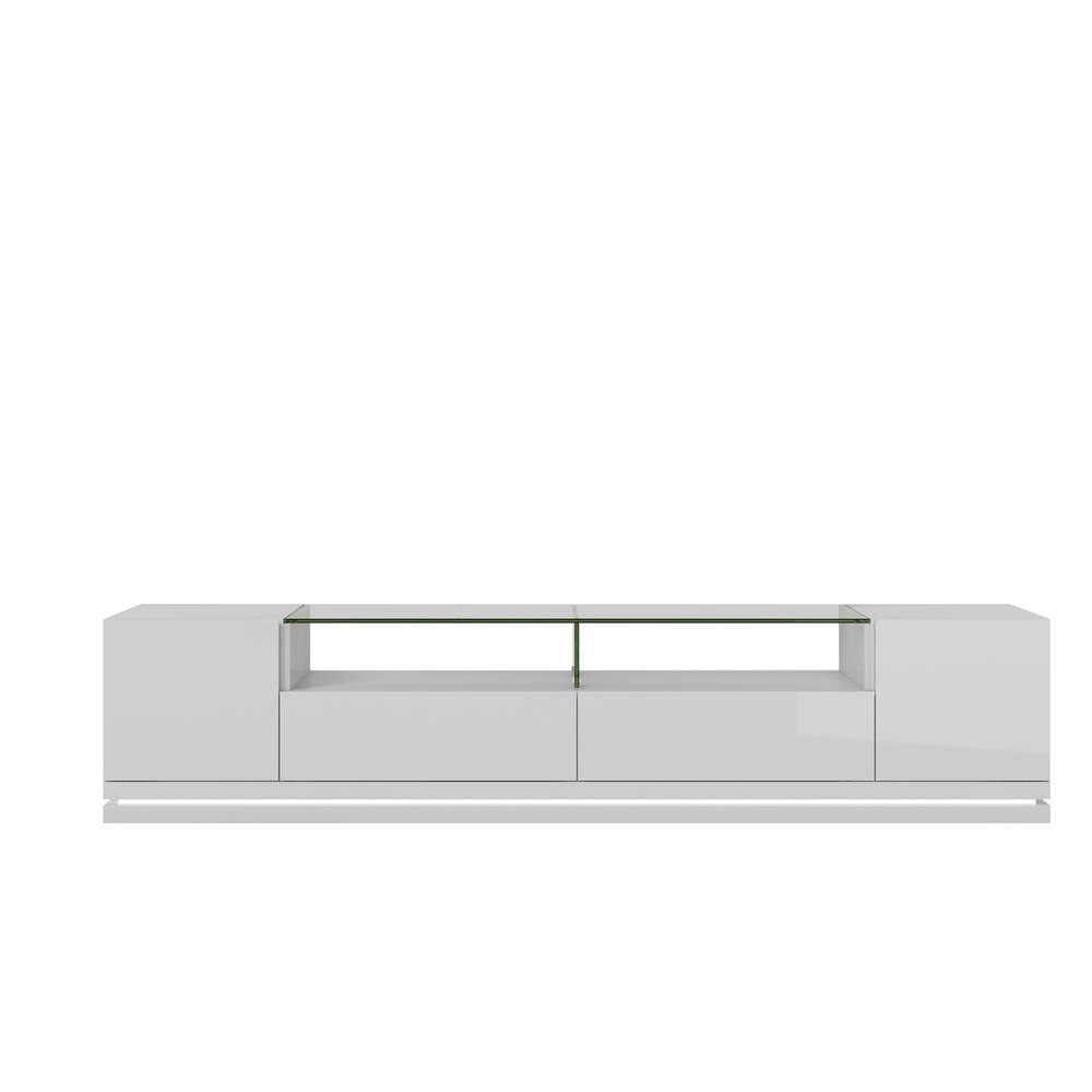 Manhattan Comfort Vanderbilt 85 in. White Gloss Wood TV Stand with 2 Drawer Fits TVs Up to 70 in. with Shelves 17552