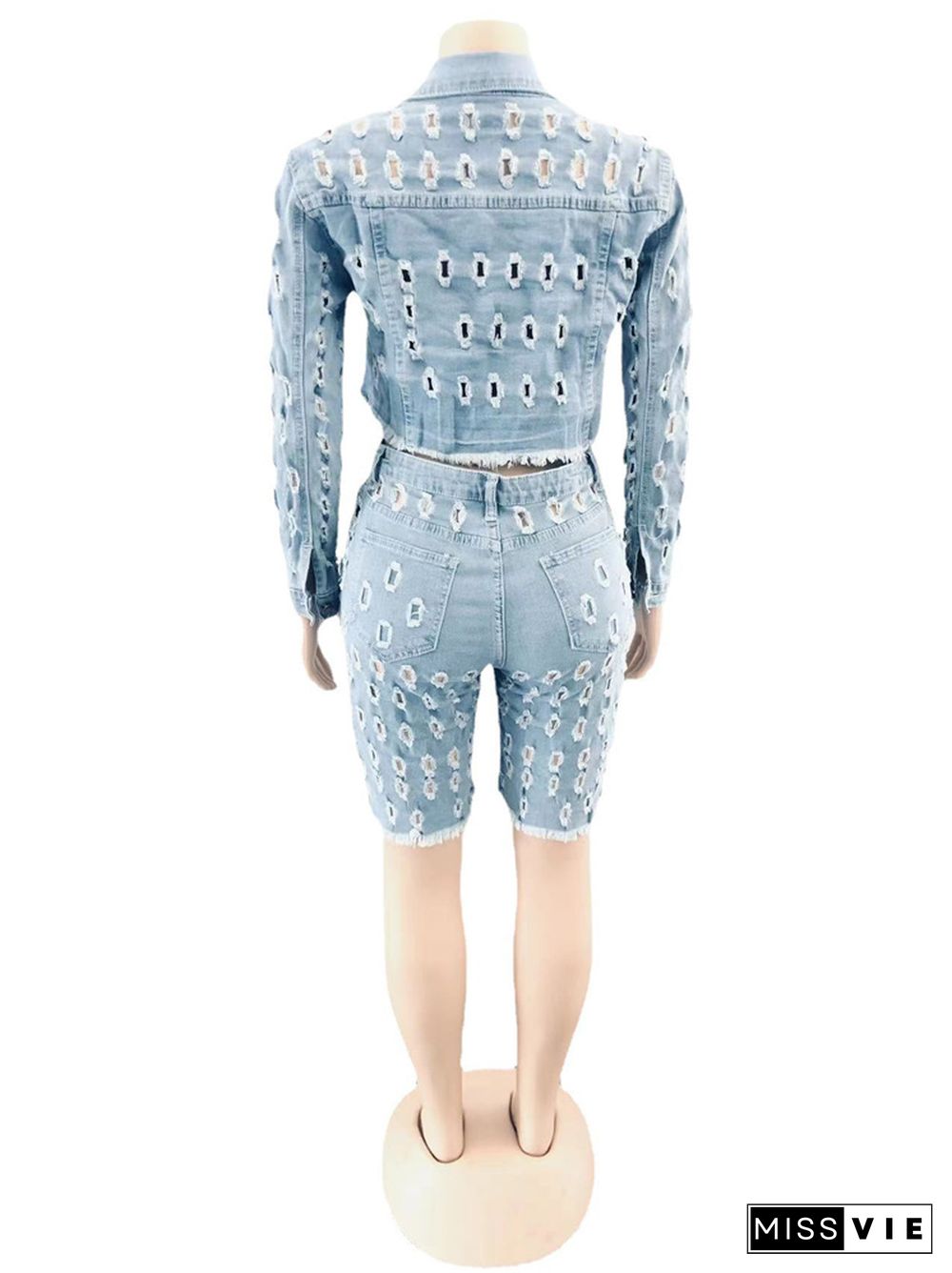 Denim Holes Long Sleeve Jacket Crop Top Shorts Suit