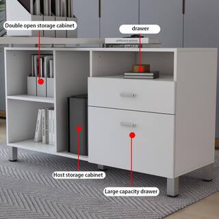 FUFUGAGA 59.1 in. L-Shaped White Wood Home Office Writing Desk with Reversible Hutch Cabinet Workstation with Drawers  Shelves KF210174-012-cc