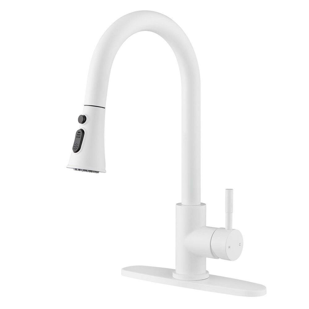 WELLFOR Single Handle Pull Down Sprayer Kitchen Faucet with Deckplate in Matte White WA2806WH