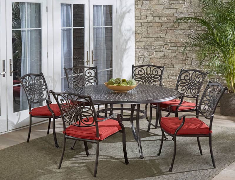 Hanover Traditions Red 7-Piece Outdoor Dining Set w/ Six Dining Chairs and 60 Cast-Top Table