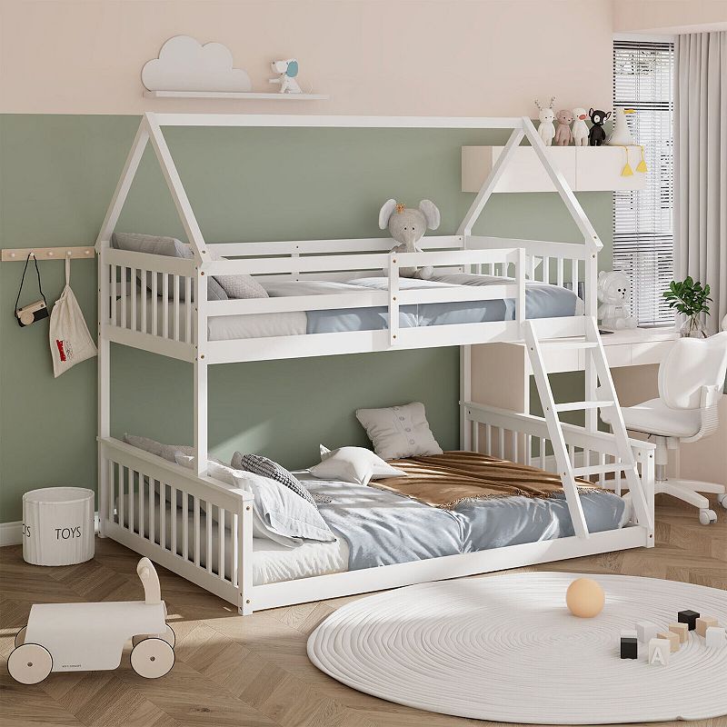 Twin Over Full House Bunk Bed with Ladder and Guardrails-White