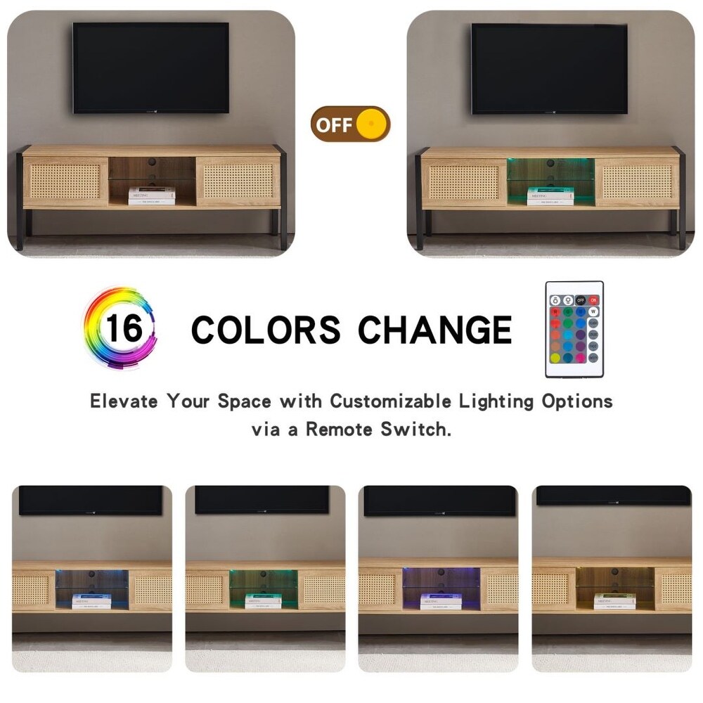 Rattan TV cabinet with variable color light strip AND metal legs