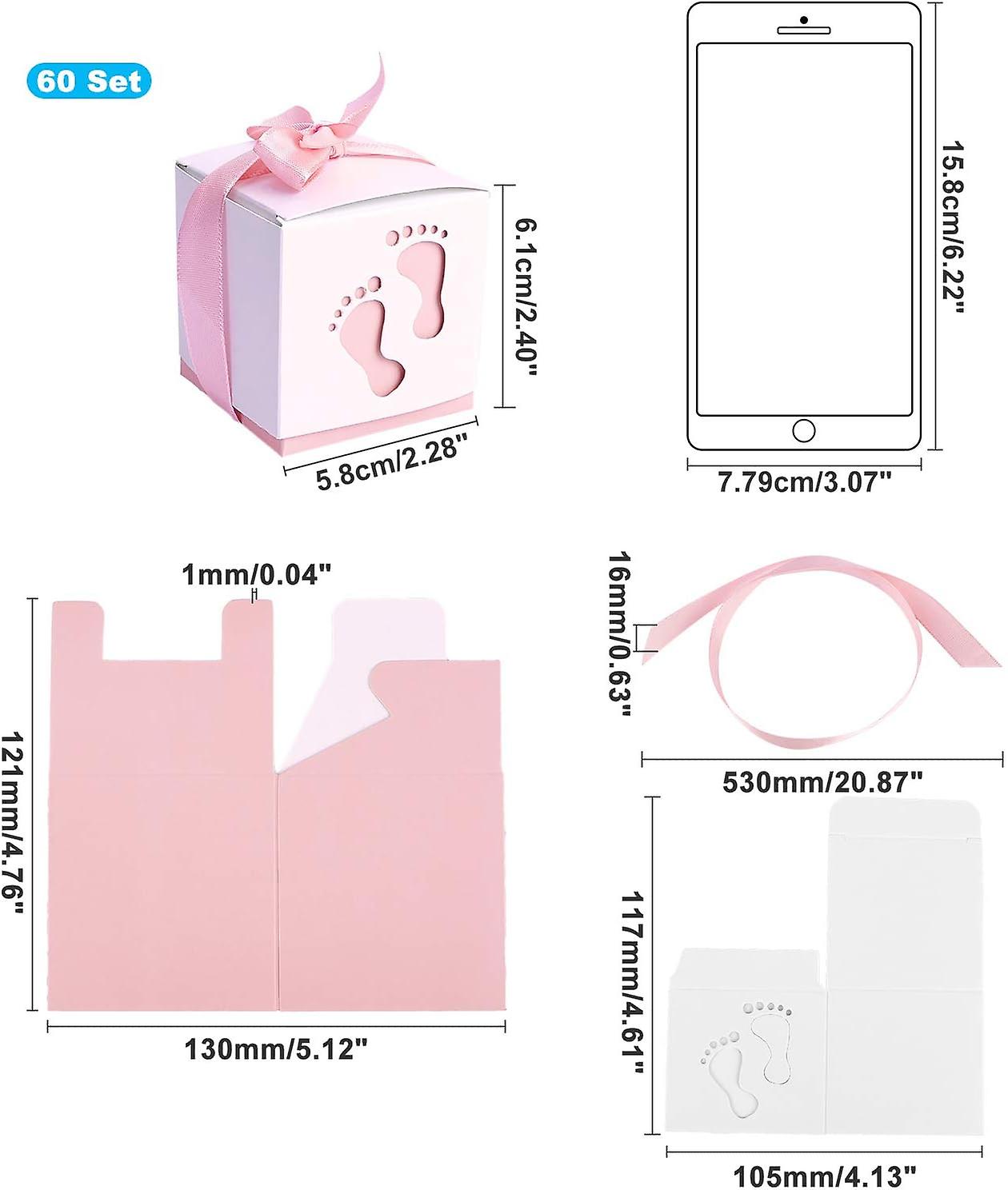 60 Sets Newborn Baby Footprints Candy Boxes， Baby Shower Candy Boxes Folding Boxes Pink Paper Gift Box With Ribbon Birthday Party Gift Favor (2.4 X 2.