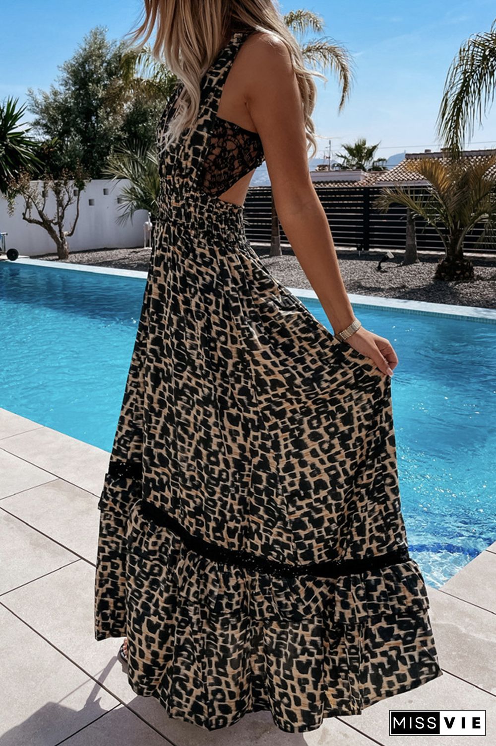 Elegant Leopard Lace Hollowed Out Backless A Line Dresses