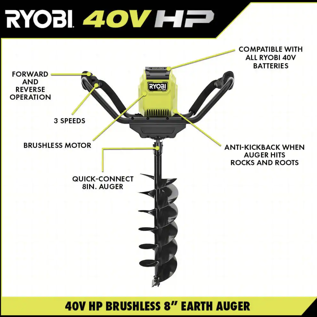 Ryobi 40V HP Brushless Cordless Earth Auger with 8 in. Bit， Tool Only (RY40701BTLVNM)