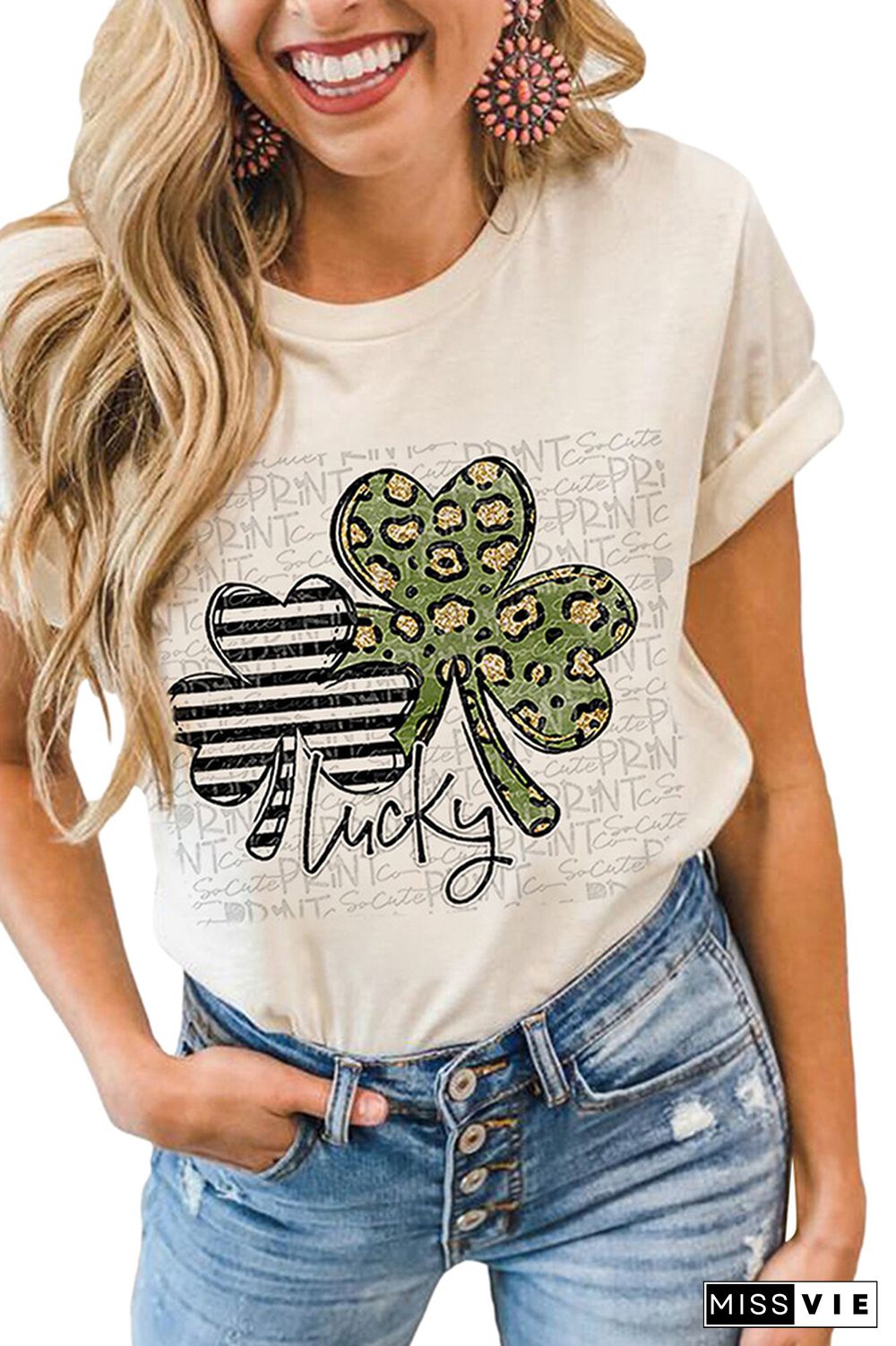 Clover and Lucky Print Graphic Tees for Women Wholesale Short Sleeve T shirts Top