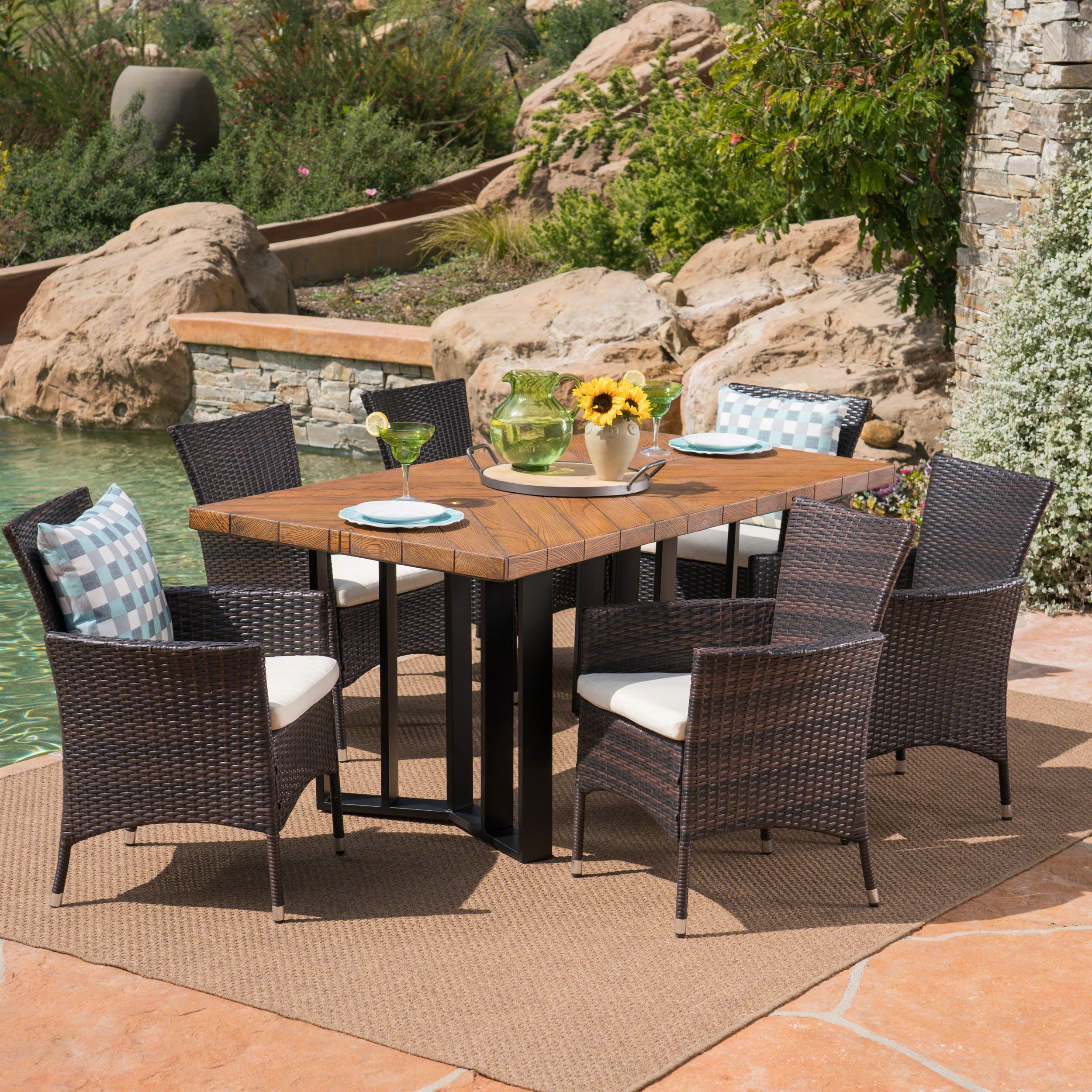 Truda Outdoor 7 Piece Wicker Dining Set with Concrete Dining Table