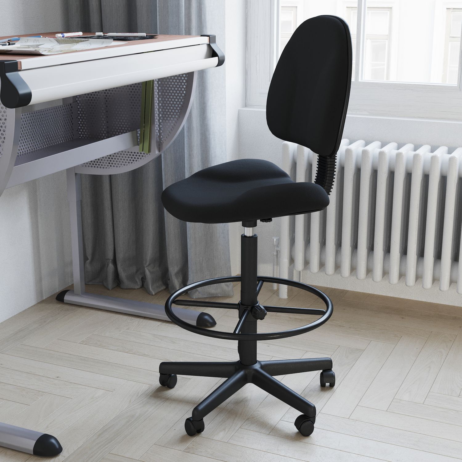 Emma and Oliver Black Fabric Drafting Chair (Cylinders: 22.5-27H， 26-30.5H)