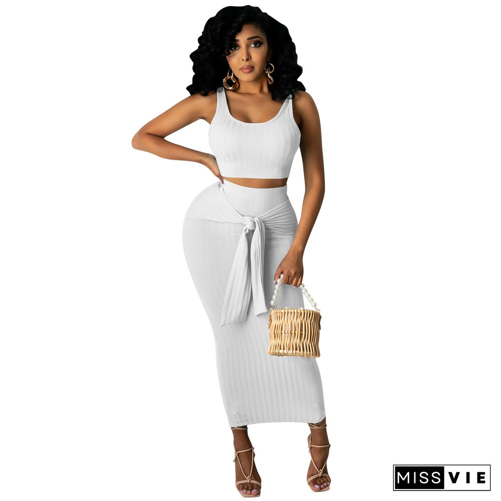 Women Summer Clothing Solid Sleeveless Vest Crop Top Bodycon Long Skirts Sexy Club Party Two Piece Set