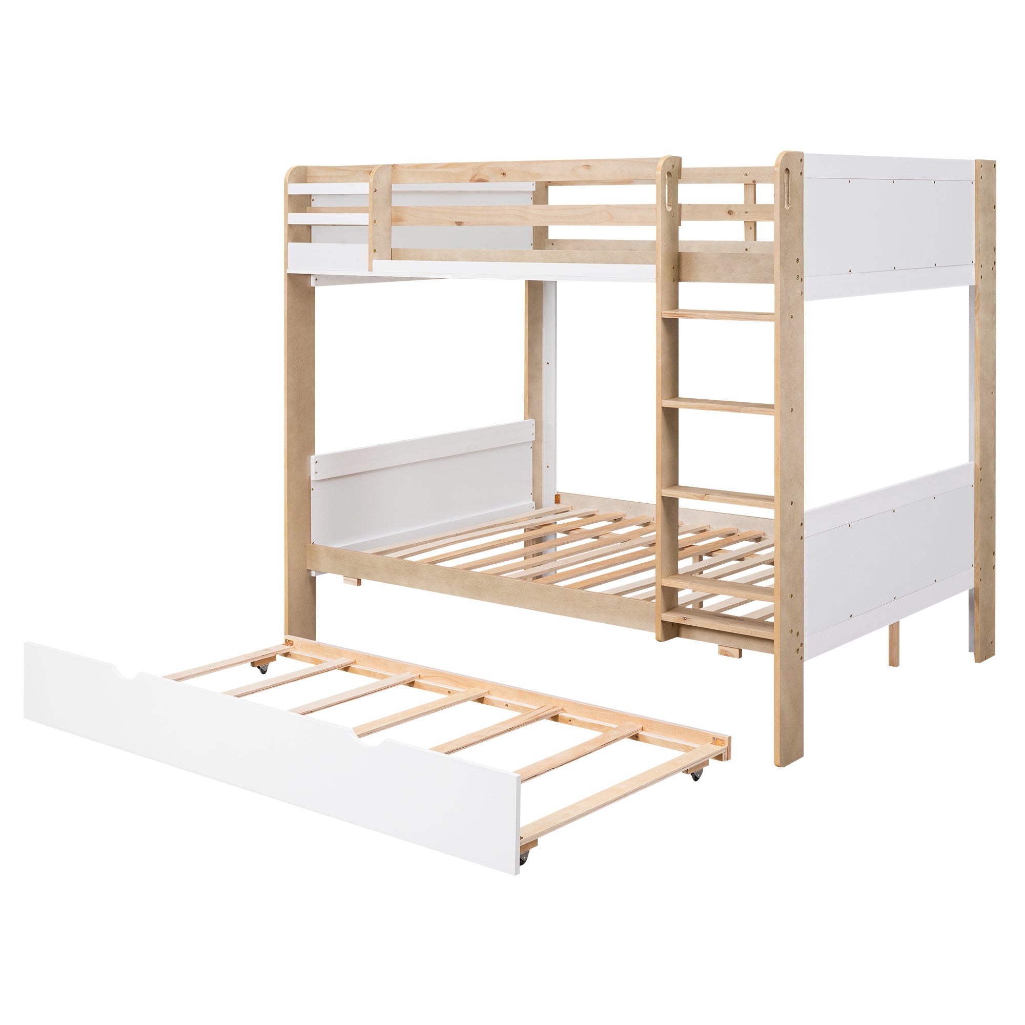 Full over Full Bunk Bed with Trundle and Little Shelf for Kids Bedroom, White