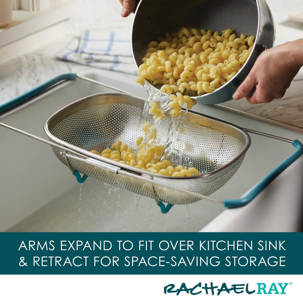 Rachael Ray Tools and Gadgets 4.5 qt. Stainless Steel Over-The-Sink Colander Agave Blue Handles 48533