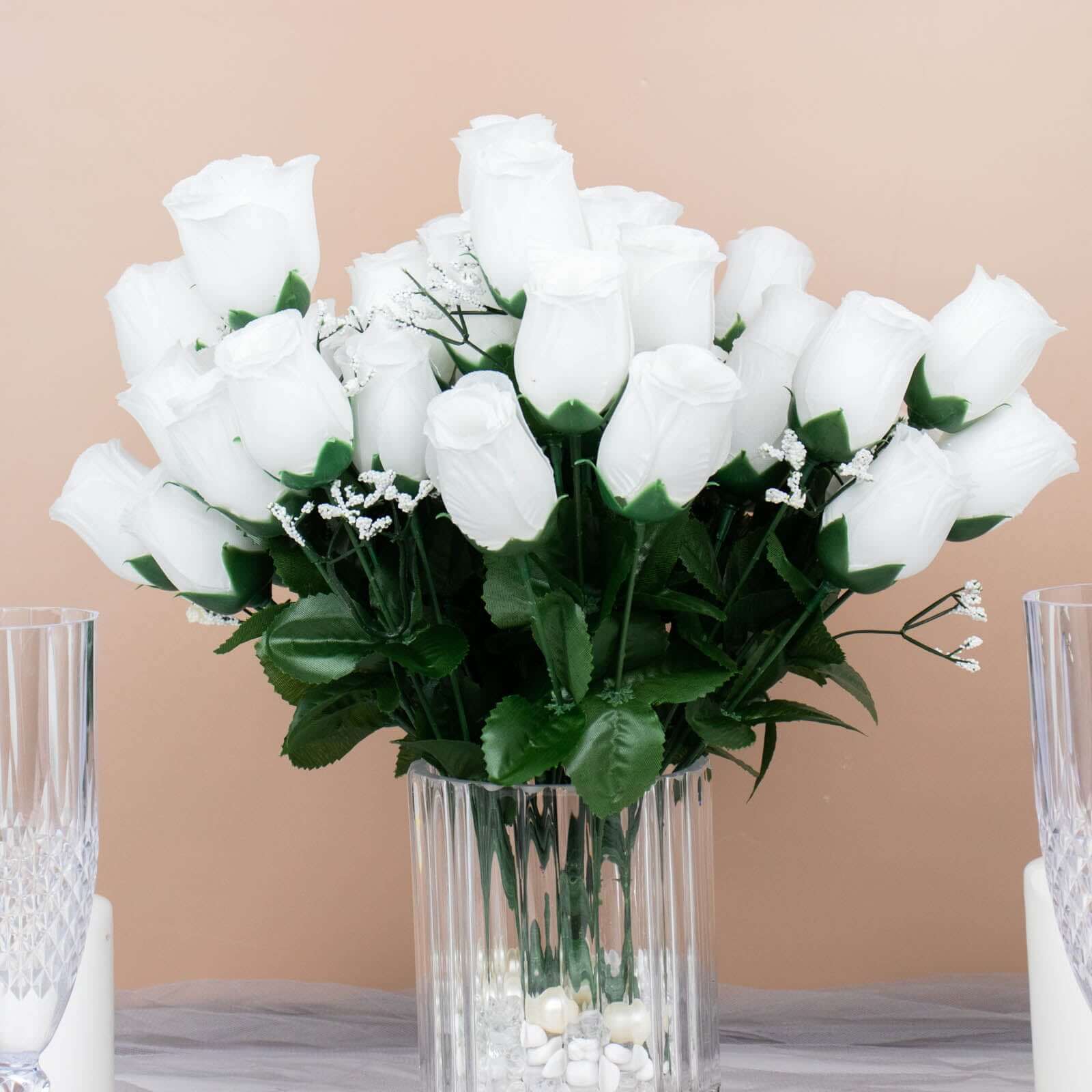 12 Bushes White Artificial Premium Silk Flower Rose Bud Bouquets