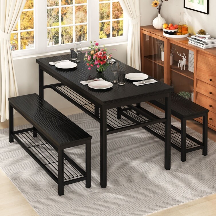 3 Piece Dining Table Set  4   Person Dining Set  Kitchen Dining Table with 2 Benches  Dining Room Table Set with Storage Rack