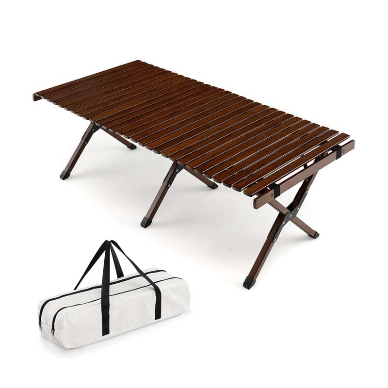 Folding Camping Table Portable Picnic Table with Carry Bag, Roll-up Bamboo Tabletop for BBQ Party Hiking