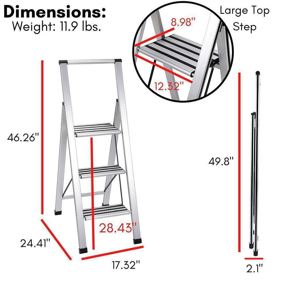 BirdRock Home 4 ft. 3-Step Slim Aluminum Step Ladder 9 ft. Reach 11292