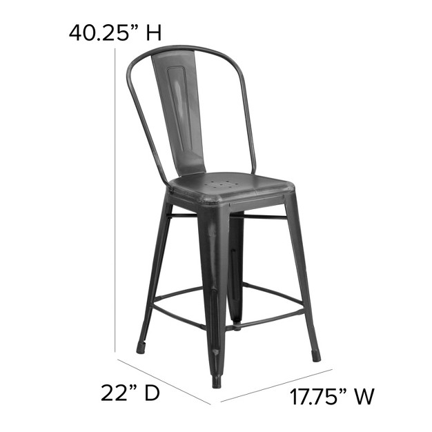 Emma And Oliver Commercial Grade 24 quot h Distressed Metal Indoor outdoor Counter Stool With Back